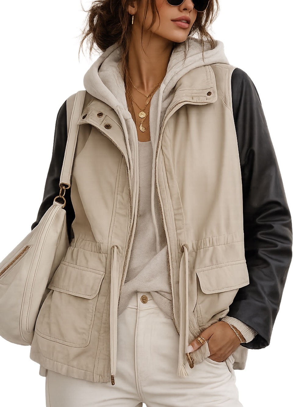 Olive & Oak Utility Moto Jacket Neutral Faux Leather Sleeves XS
